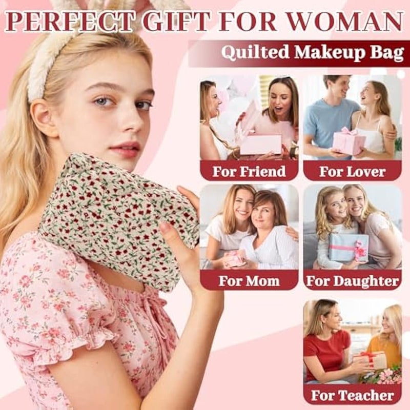 يورسكيتووس شنطة مكياج قطنية صغيرة مبطنة بتصميم زهور، شنطة مكياج لطيفة ومنتفخة بتصميم زهور، شنطة مكياج للسفر محمولة بسحاب لتخزين ادوات الزينة للنساء والفتيات والمراهقين والاطفال (احمر) - Image 5